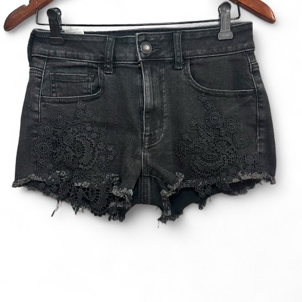 American Eagle Jean Short Women 4 Black High Rise Shortie Cut Off Stretch Summer
